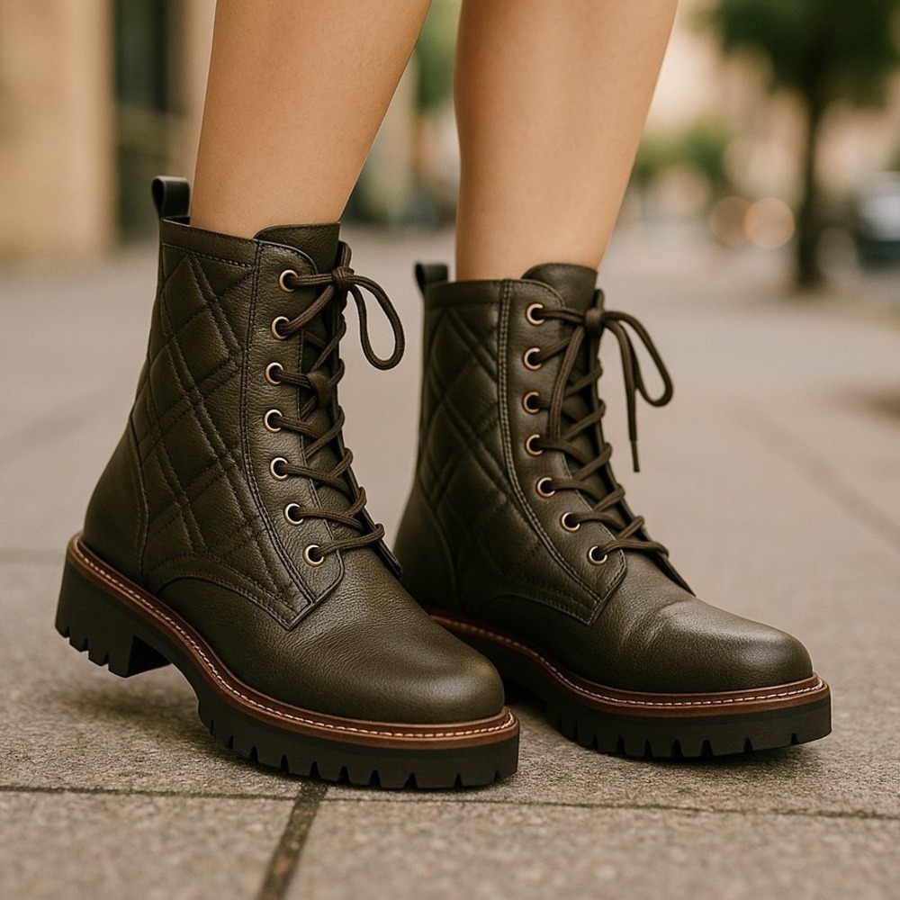 Nordstrom Rack "Mae" Quilted Brown PU Lug‑Sole Lace‑Up Zip Boots Women's US 9 M